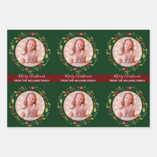 カスタム家族クリスマスフォトフェスティバルグリーンレッド ラッピングペーパーシート (正面2)