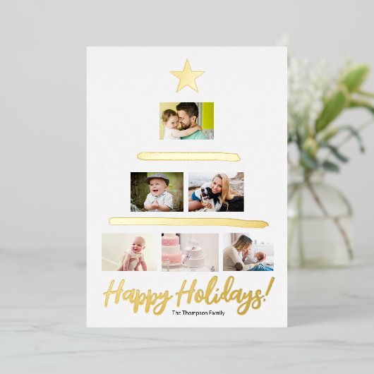 カスタム家族フォトコラージュの木のスター 箔シーズンカード (立ち正面)
