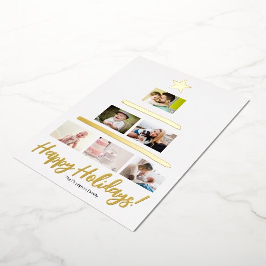 カスタム家族フォトコラージュの木のスター 箔シーズンカード (回転した状態)