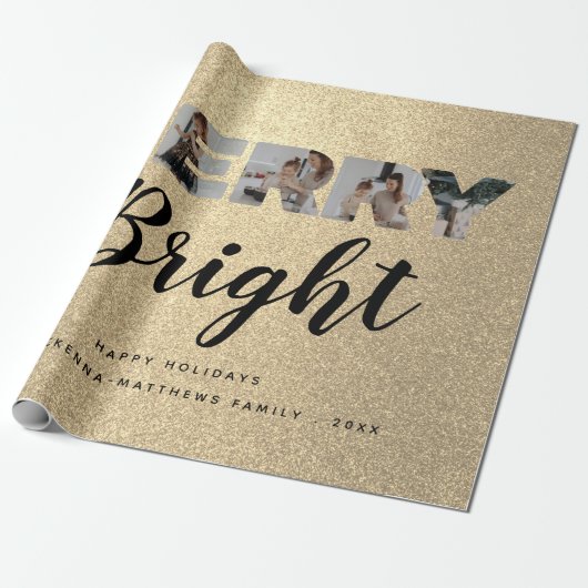 カスタム家族フォトコラージュ金ゴールドグリッタークリスマス ラッピングペーパー (アンロールド)