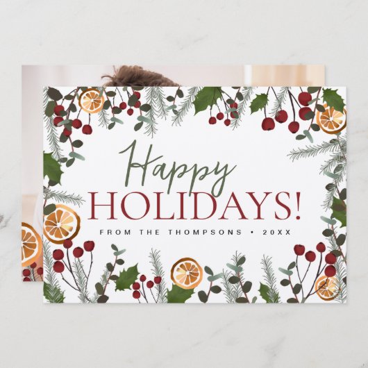 カスタム家族フォトホリーミカンHappy Holidays シーズンカード (正面/裏面)