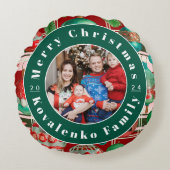 カスタム家族フォトレッドグリーンプレイドホリデー ラウンドクッション (正面)