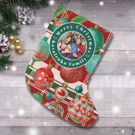 カスタム家族フォトレッドグリーンプレイドホリデー ラージクリスマスストッキング