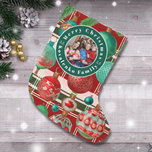 カスタム家族フォトレッドグリーンプレイドホリデー ラージクリスマスストッキング