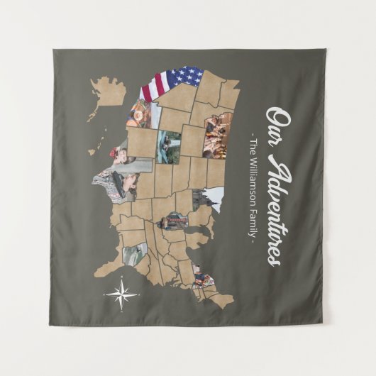 カスタム家族名旅行USAフォトコラージンググリーン タペストリー (正面(横))