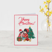 カスタム小さな女の子クリスマス付き可愛いチワホアドッグ カード (黄色い花)