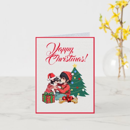 カスタム小さな女の子クリスマス付き可愛いチワホアドッグ カード (黄色い花)