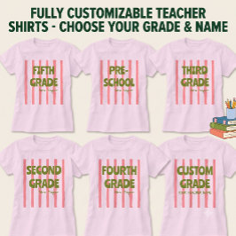 カスタム小学校ストライプ担任の先生の名前 ピンク Tシャツ