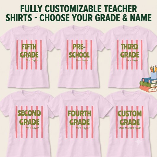 カスタム小学校ストライプ担任の先生の名前 ピンク Tシャツ