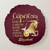 カスタム山羊座 ゴールド マルーン ラグジュアリー ラウンドクッション (正面)