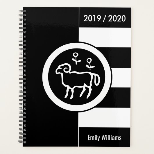 カスタム年〔占星術の〕十二宮図サインアリーズブラック&ホワイト プランナー手帳 (正面)