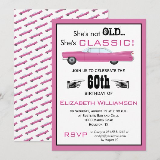 カスタム年 彼女は古くはないけれどクラシックカーの誕生日 招待状 (正面/裏面)