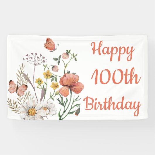 カスタム幸せ100誕生日ワイルドフラワー 横断幕 (横)