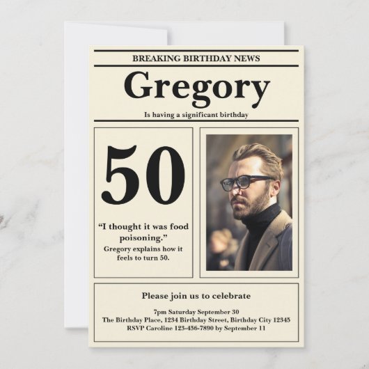 カスタム引用文おもしろいレトロ新聞第50誕生日 招待状 (正面)