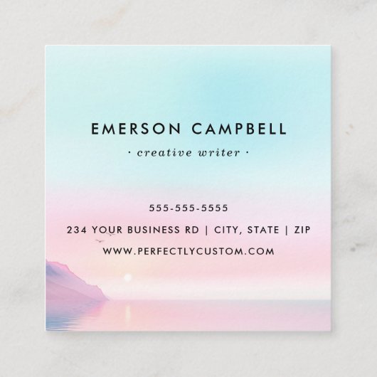 カスタム引用文メッセージ水の色の海の上の日の出 スクエア名刺 (裏面)