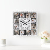 カスタム引用文付きフォトコラージュ スクエア壁時計 (ホーム)
