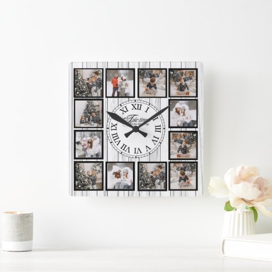 カスタム引用文付きフォトコラージュ スクエア壁時計 (ホーム)