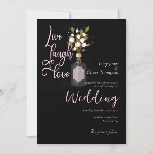 カスタム引用文付きブラックロ結婚マンフローラカード 招待状 (正面)