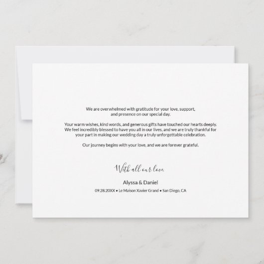 カスタム心のこもったメ結婚ッセージの写モダン真 サンキューカード (裏面)