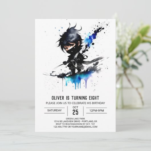 カスタム忍者威厳のあるボーイデジタル誕生日 招待状 (スタンド正面)