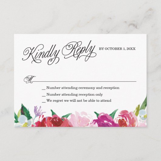 カスタム応答付きモダン フラワー RSVP カード。 (正面)