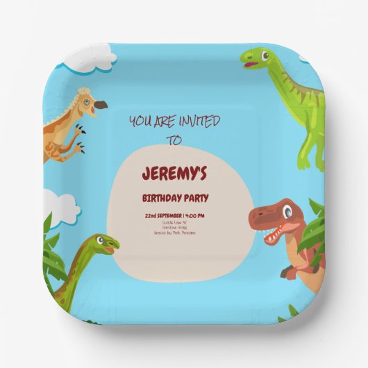 カスタム恐竜フォト誕生日招待状 ペーパープレート (正面)