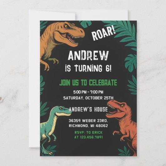 カスタム恐竜Tレックスパーティー誕生日の男の子 招待状 (正面)