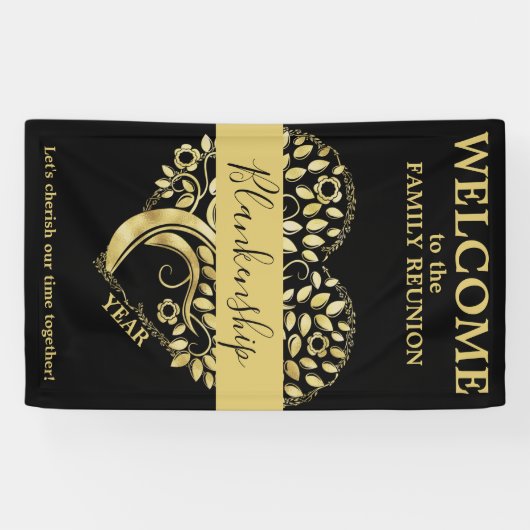 カスタム懇親会ハート型ツリーブラック金ゴールド 横断幕 (横)