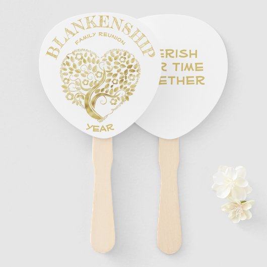 カスタム懇親会ファミリ金ゴールドハートツリー両面 ハンドファン (正面&裏面)