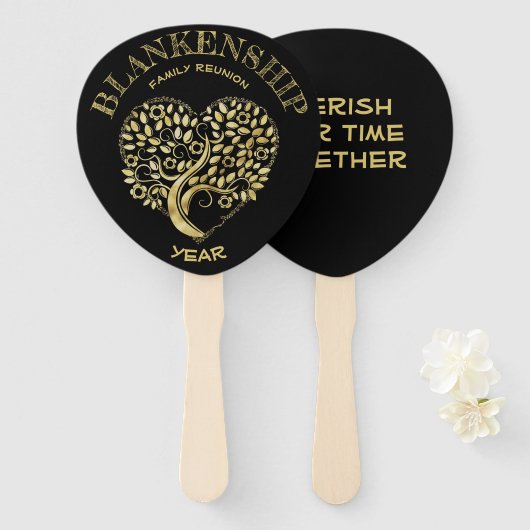 カスタム懇親会金ゴールドハート型ツリー ハンドファン (正面&裏面)