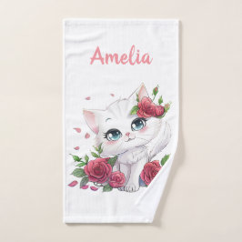 カスタム手ぬぐい – かわいい猫と花の漫画 ハンドタオル