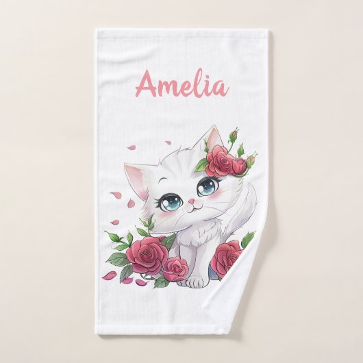 カスタム手ぬぐい – かわいい猫と花の漫画 ハンドタオル (ハンドタオル)