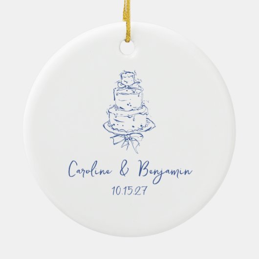 カスタム手書きフランスのブルードードル結婚ズケーキ セラミックオーナメント (裏面)