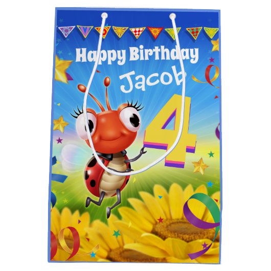 カスタム抱き枕:男の子の4歳の誕生日 ミディアムペーパーバッグ (裏面)