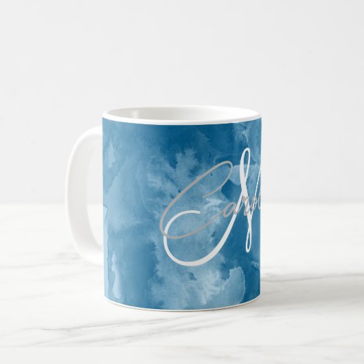 カスタム抽象芸術藍青しぼりモノグラム名 コーヒーマグカップ (正面左)