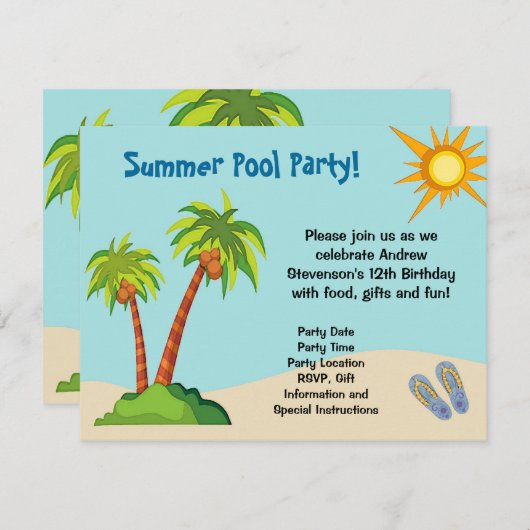 カスタム招待状、サマープールパーティーテーマまたは 招待状 (正面/裏面)