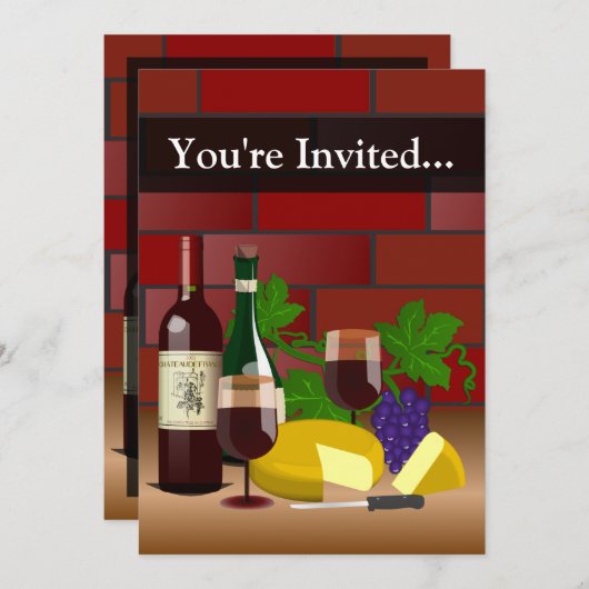 カスタム招待状、ワイン、チーズテーブルのシーン 招待状 (正面/裏面)