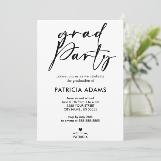 カスタム挿入 |ミニマルエレガント主義の卒業パーティー 招待状 (スタンド正面)