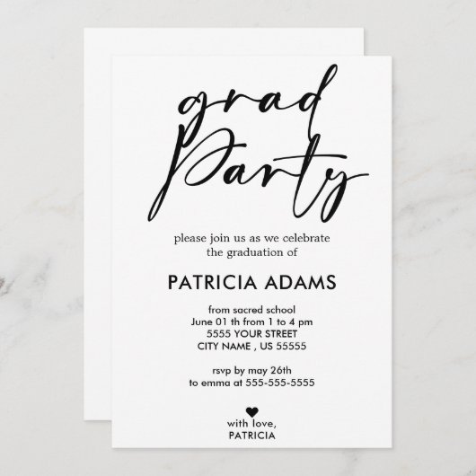 カスタム挿入 |ミニマルエレガント主義の卒業パーティー 招待状 (正面/裏面)