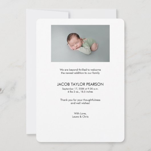 カスタム撮生まれたばかりの影モダン男の赤ちゃん誕生 サンキューカード (裏面)