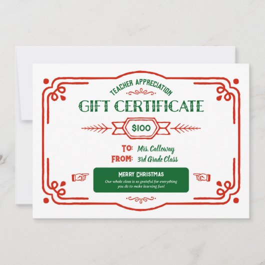 カスタム教師感謝ギフト証明書 カード (正面)