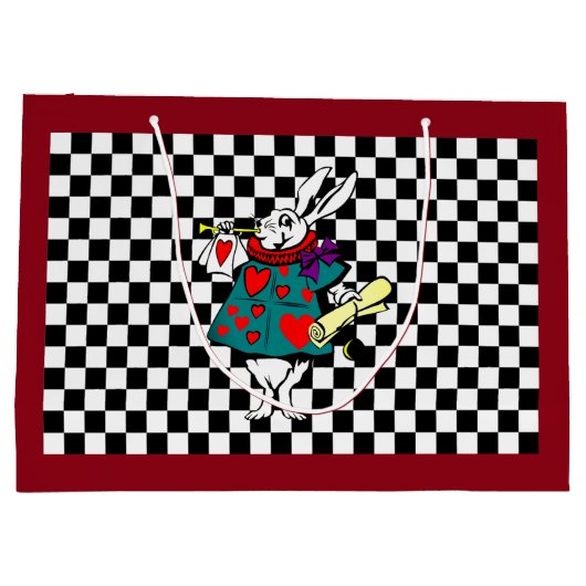 カスタム文字のアリスインワンダーランド白うさぎチェック ラージペーパーバッグ (裏面)