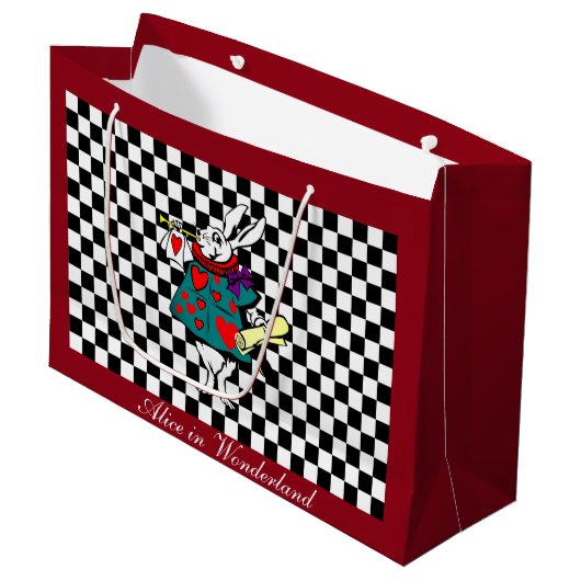 カスタム文字のアリスインワンダーランド白うさぎチェック ラージペーパーバッグ (正面アングル)