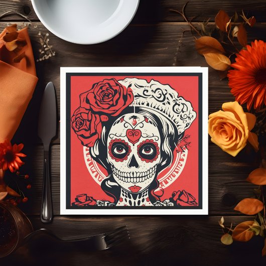 カスタム文字💀アポップ・アートのートCalavera赤&白 スタンダードカクテルナプキン