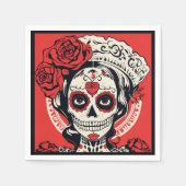 カスタム文字💀アポップ・アートのートCalavera赤&白 スタンダードカクテルナプキン (正面)