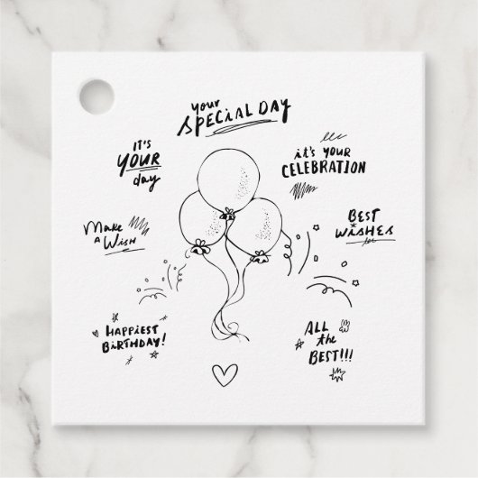 カスタム文字ドードルモダンバルーンハッピーバースデー フェイバータグ (正面)