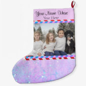 カスタム文字パステルパープルピンクグリッターストライプ ラージクリスマスストッキング (裏面)
