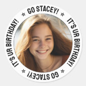 カスタム文字パーソナライズされたメッセージとフォトホワイト ラウンドシール (正面)