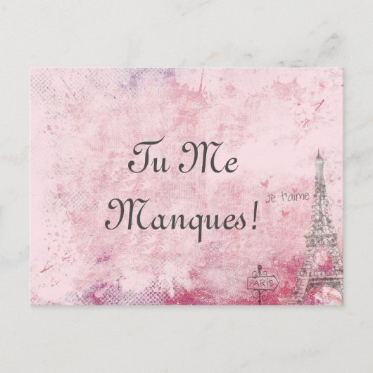 カスタム文字ピンクIユー恋しく思パリスエッフェルフランスの ポストカード (正面)