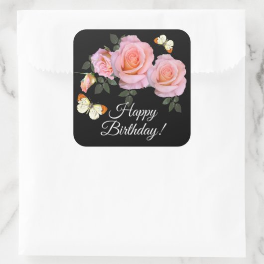 カスタム文字ロマンかわいらしティピンクローズ誕生日 スクエアシール (バッグ)